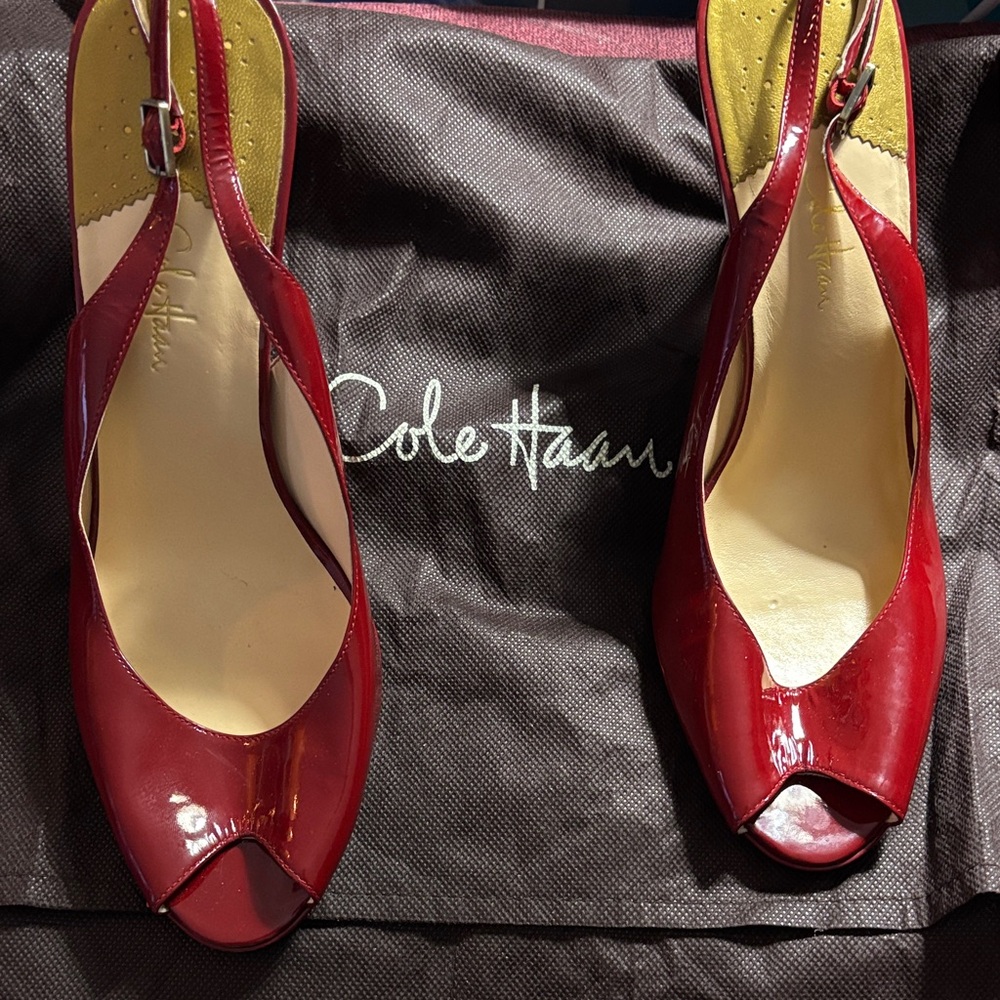 Cole Haan Glossy Red Peep Toe Slingbacks